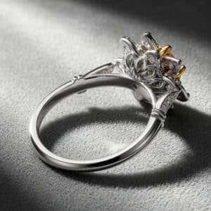 Yellow lab diamond halo engagement ring with pavé diamond band by OroSpot.
