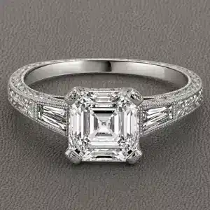 asscher antique engagement ring 2ct lab diamond hand engraved cathedral setting baguette side stones 14k white gold orospot