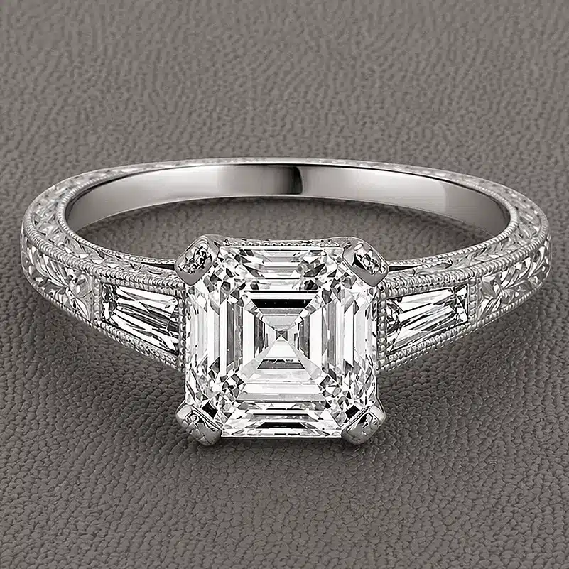 asscher antique engagement ring 2ct lab diamond hand engraved cathedral setting baguette side stones 14k white gold orospot