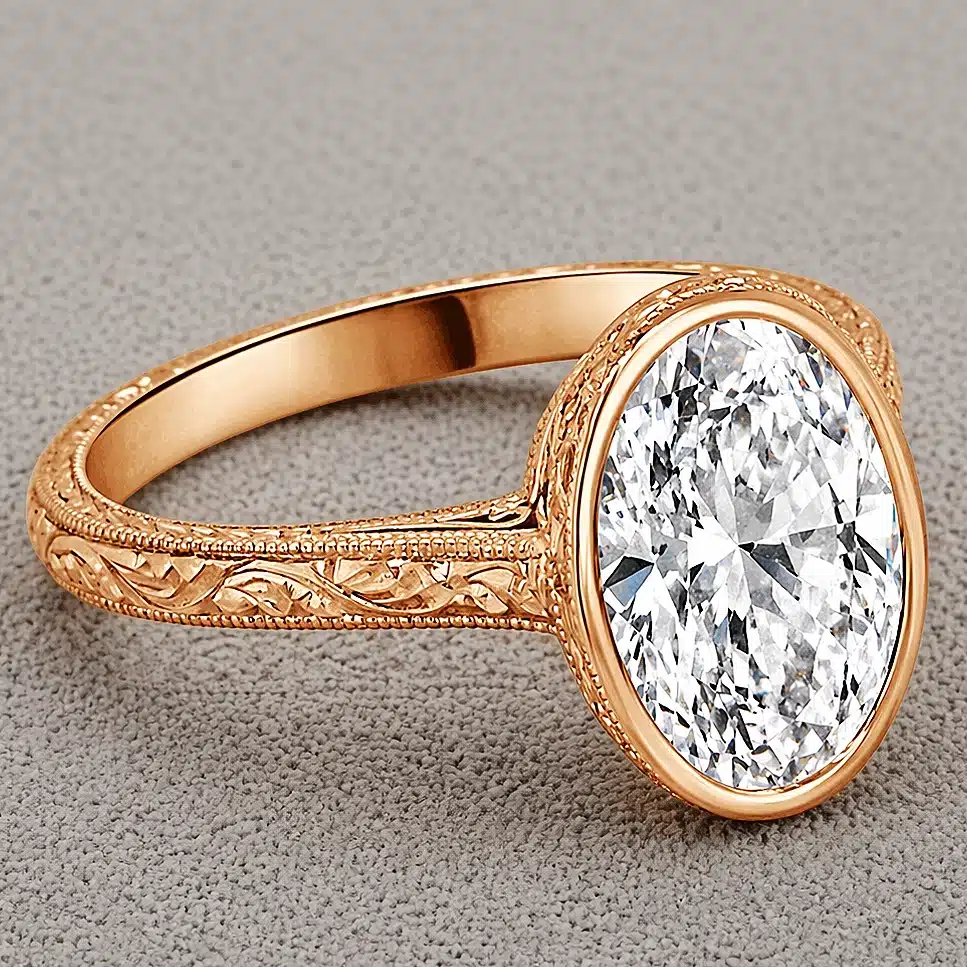antique oval 2ct lab diamond engagement ring hand engraved band milgrain 14k yellow or white gold orospot