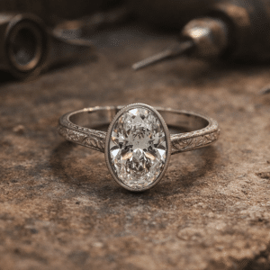 Hand engraved oval bezel engagement ring with lab grown diamond resting on jeweler’s workbench surrounded by traditional engraving tools, vintage style craftsmanship by OroSpot.