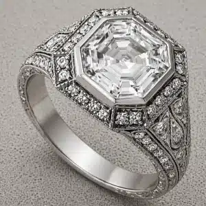 antique 3ct asscher cut lab diamond filigree ring bezel set hand engraved pavé milgrain white gold or platinum orospot