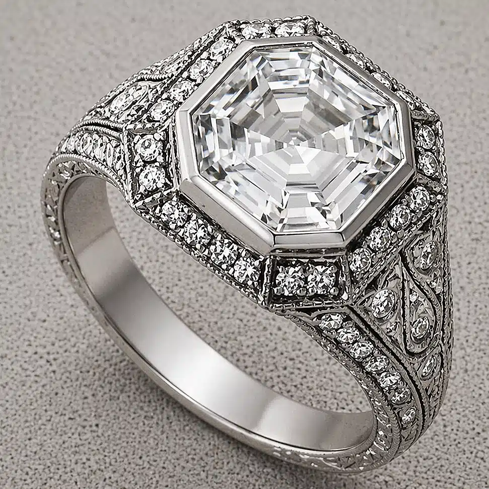 antique 3ct asscher cut lab diamond filigree ring bezel set hand engraved pavé milgrain white gold or platinum orospot