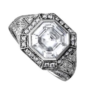 Art Deco 3ct Asscher Diamond Ring with Geometric Halo and Hand Engraved Filigree