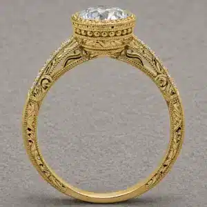art deco bezel 1ct round lab diamond engagement ring hand engraved band milgrain pavé diamonds 14k yellow gold orospot