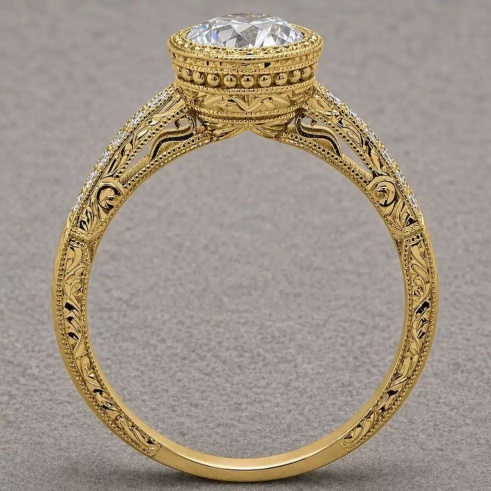 art deco bezel 1ct round lab diamond engagement ring hand engraved band milgrain pavé diamonds 14k yellow gold orospot
