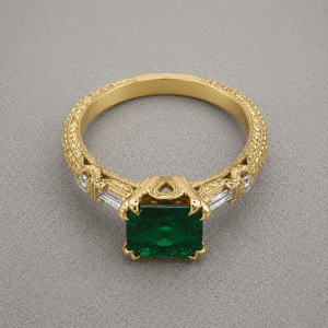 Side profile of emerald engagement ring with bezel and prong setting and diamond accents in 18k yellow gold by OroSpot