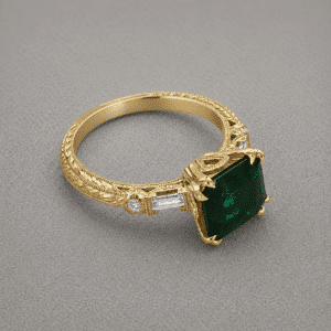 Asscher cut green emerald engagement ring with baguette and round diamonds in 18k yellow gold by OroSpot