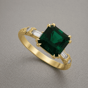 Close up of green emerald ring with baguette diamonds and bezel prong setting in yellow gold by OroSpot