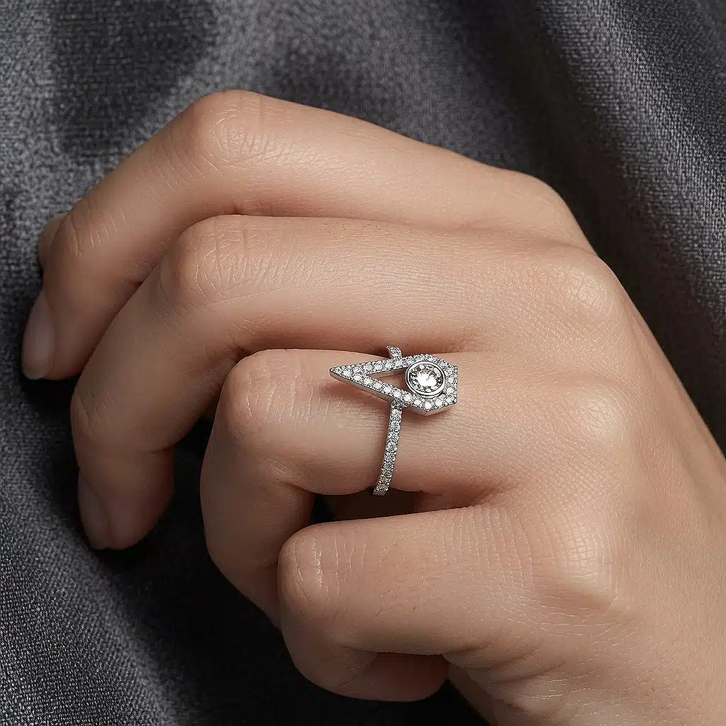 Vintage-inspired brown diamond engagement ring with a bezel-set center stone, diamond halo, and diamond-accented band.