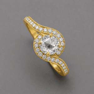 antique style rose cut diamond bypass ring in solid yellow gold with natural diamond accents, hand engraved details and non symmetrical vintage swirl design by OroSpot