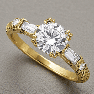 art deco five stone diamond ring round center with four split prongs three claws each baguette side diamonds yellow gold orospot