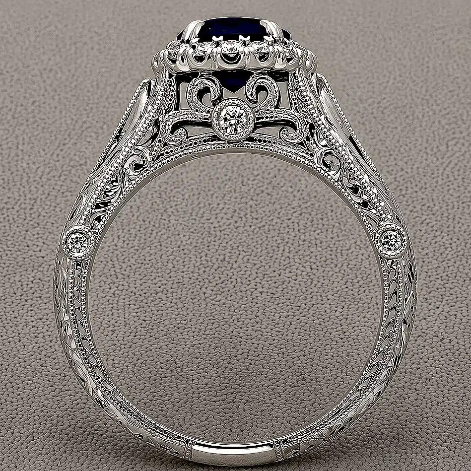 art deco sapphire engagement ring 1.5ct round blue sapphire with diamond halo and engraved band orospot