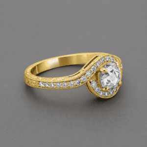 side view vintage rose cut diamond bypass engagement ring in solid yellow gold with natural diamond halo and pavé band, asymmetrical swirl antique design by OroSpot