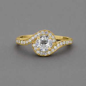 vintage rose cut diamond bypass engagement ring in solid 14k yellow gold with natural diamond halo and pavé shoulders, asymmetrical swirl antique design by OroSpot