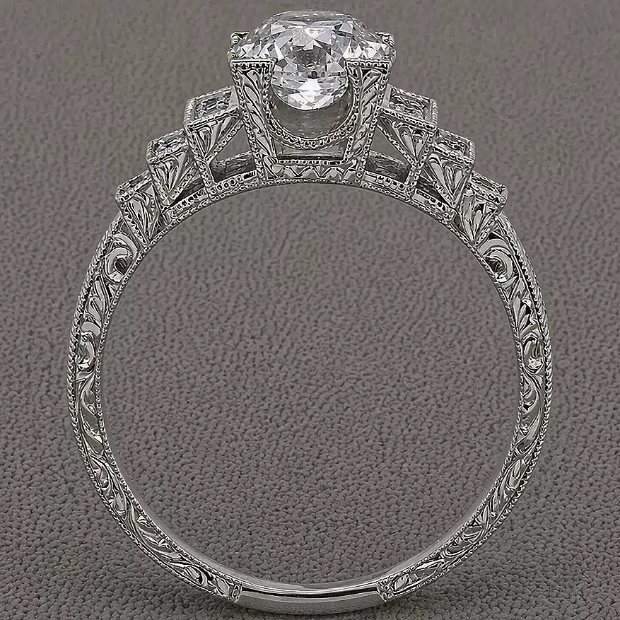 art deco hand engraved diamond engagement ring with 1ct old european cut lab diamond milgrain and step style setting orospot