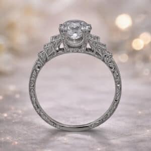 art deco hand engraved diamond engagement ring with old european cut center stone, geometric design, milgrain detail in gold or platinum by orospot