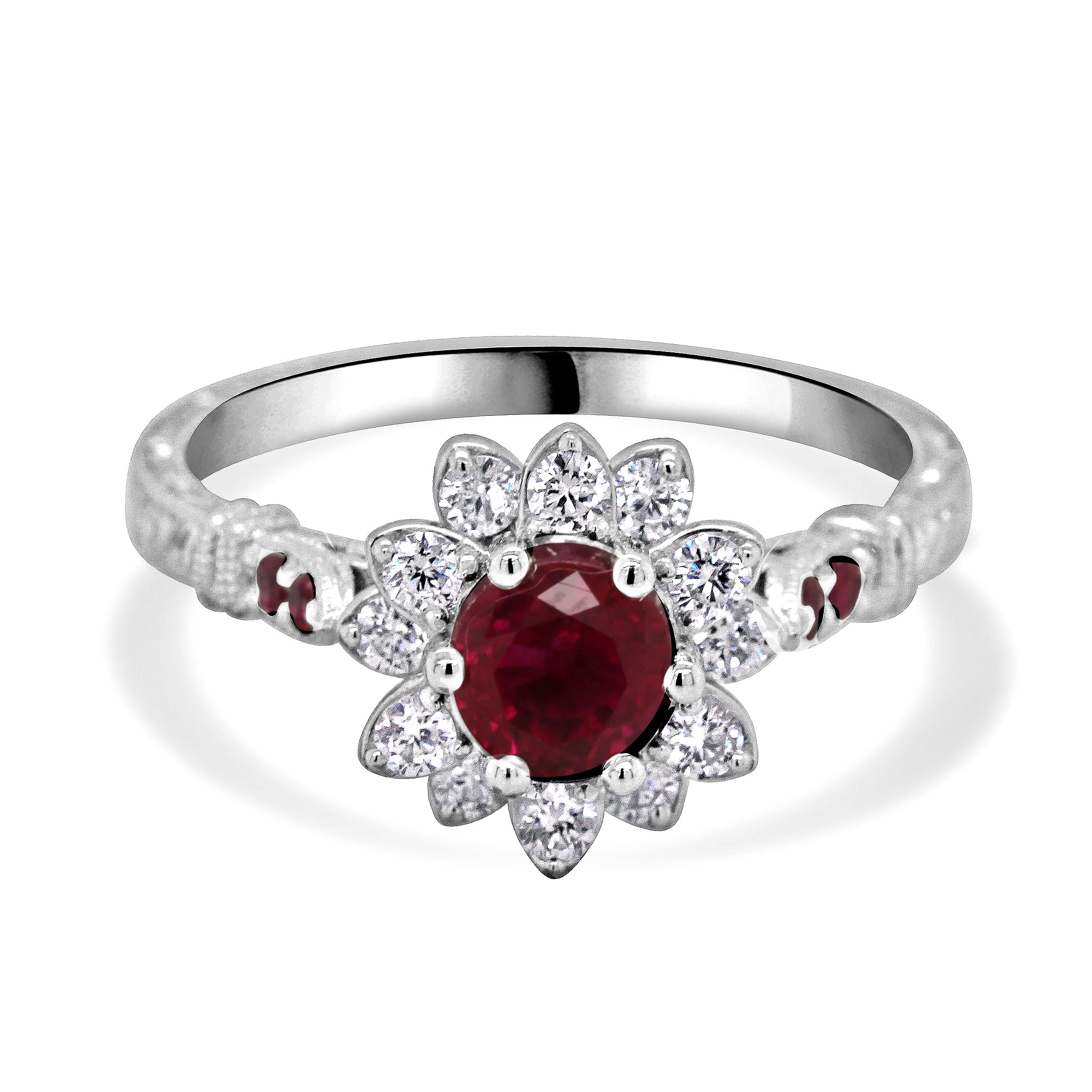 Vintage ruby diamond flower ring with round ruby, halo of G-VS diamonds, and pavé rubies on shoulders.