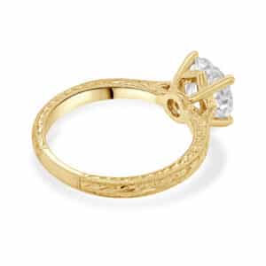 Vintage 2ct lab diamond engagement ring in 18K yellow gold with hand engraving and scroll detailing, crafted in NYC