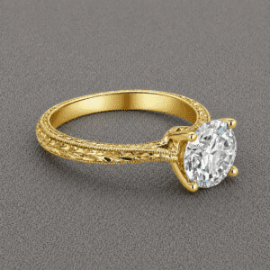 Vintage 2ct lab diamond engagement ring with hand engraved scrollwork, wheat detailing, and four prong setting by OroSpot