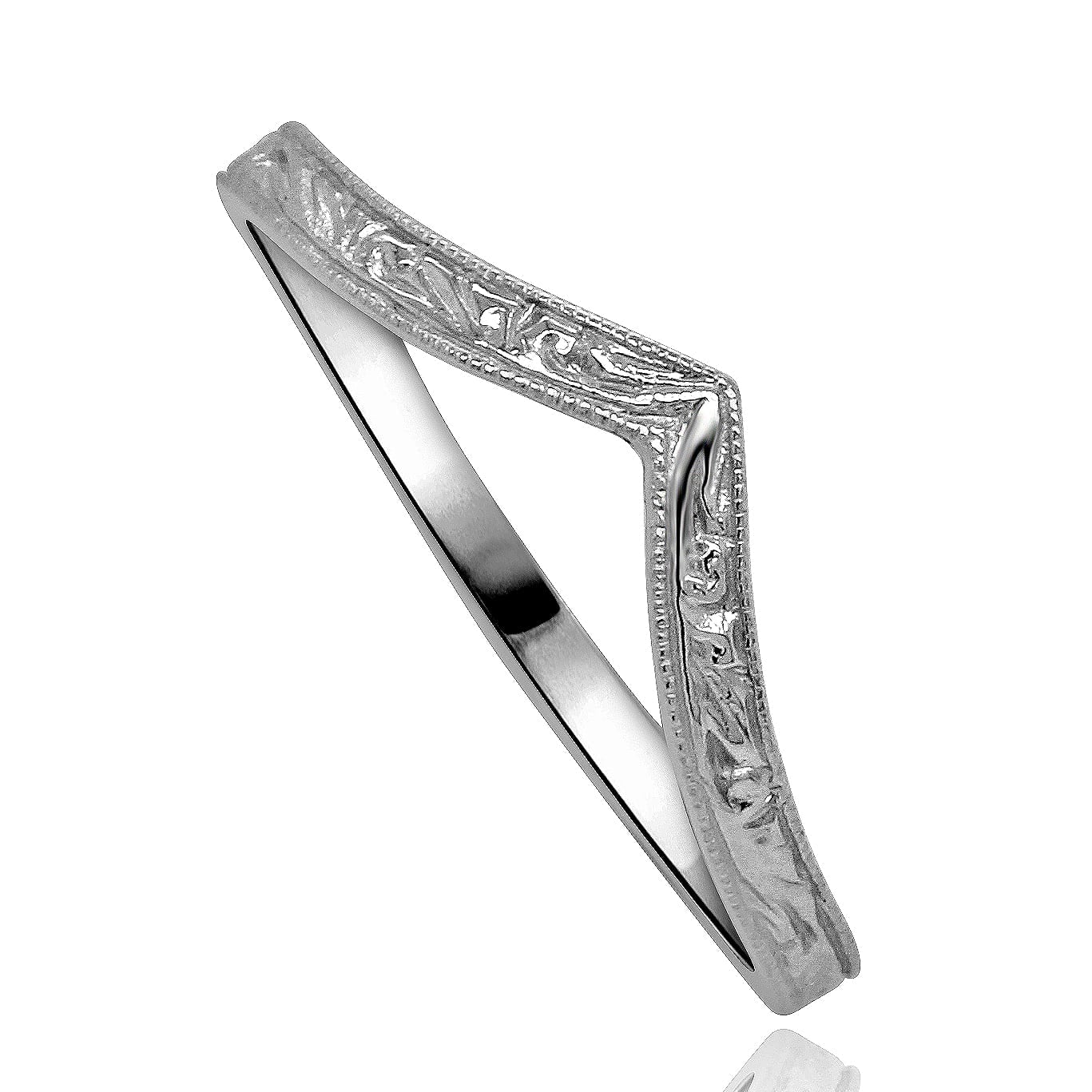 Vintage chevron V-pointed curved wedding band with detailed scroll engraving, handcrafted in 14K gold by OroSpot.