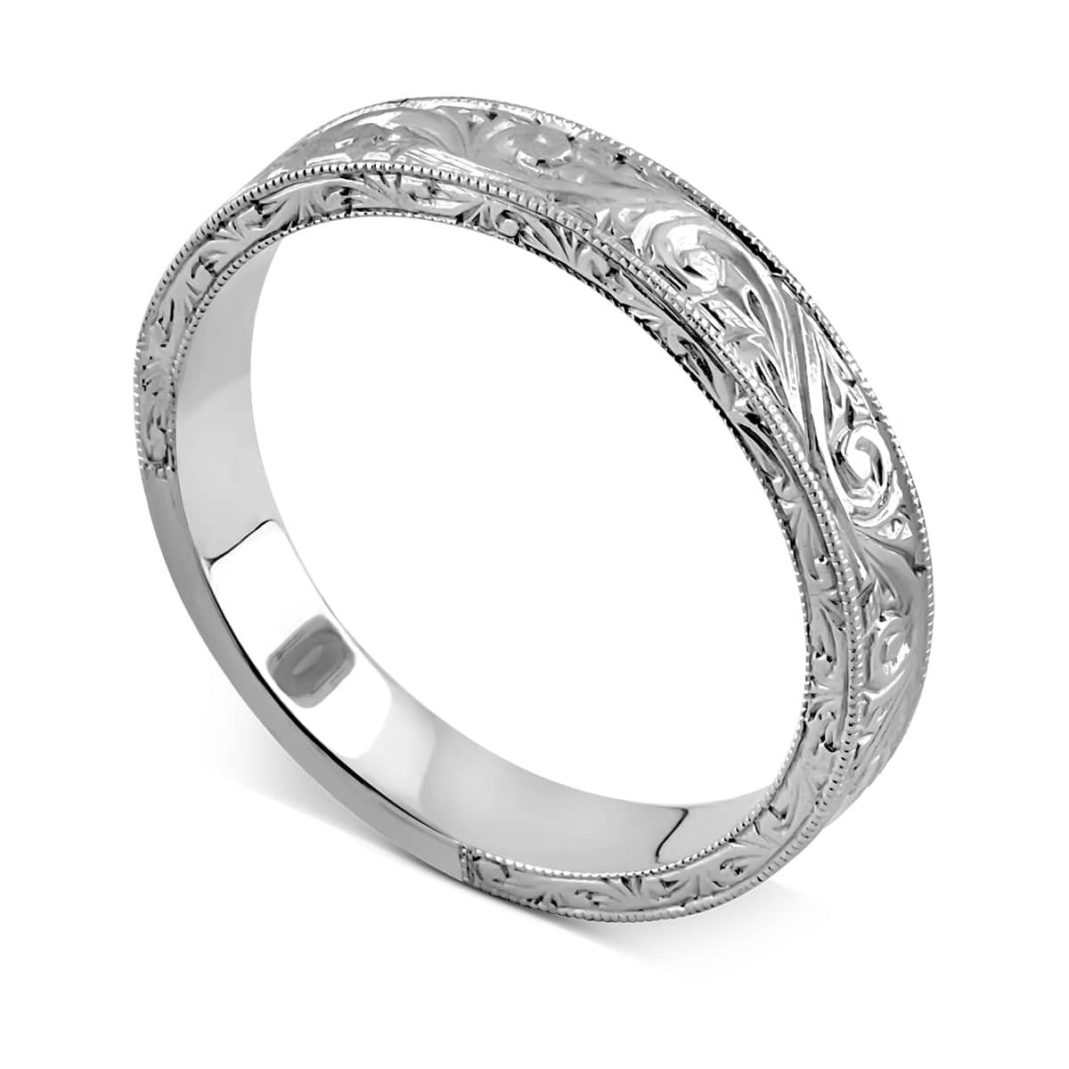 Antique engraved men's wedding band in white gold with vintage scroll details and milgrain edges