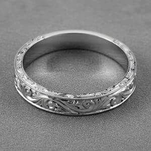 antique engraved mens wedding ring scroll art deco design milgrain edges 14k white gold 4.5mm orospot