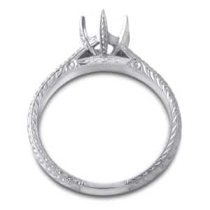 Antique-style six-prong semi-mount ring with hand-engraved details, designed to hold your center stone.
