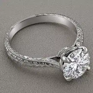 antique 2ct round lab diamond solitaire engagement ring four prong cathedral setting hand engraved milgrain 14k white gold orospot