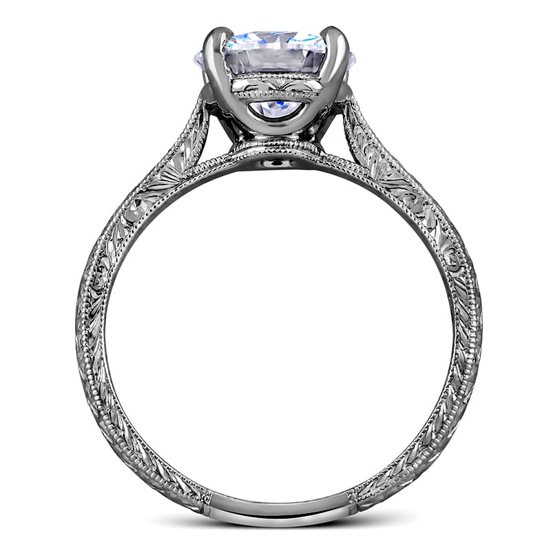 Antique-style engraved cathedral solitaire diamond ring in 14K white gold with 2ct lab-grown diamond and milgrain edges.