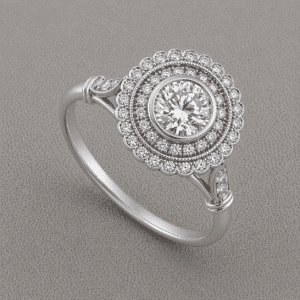 art deco double halo diamond engagement ring with filigree and leaf shank vintage style orospot