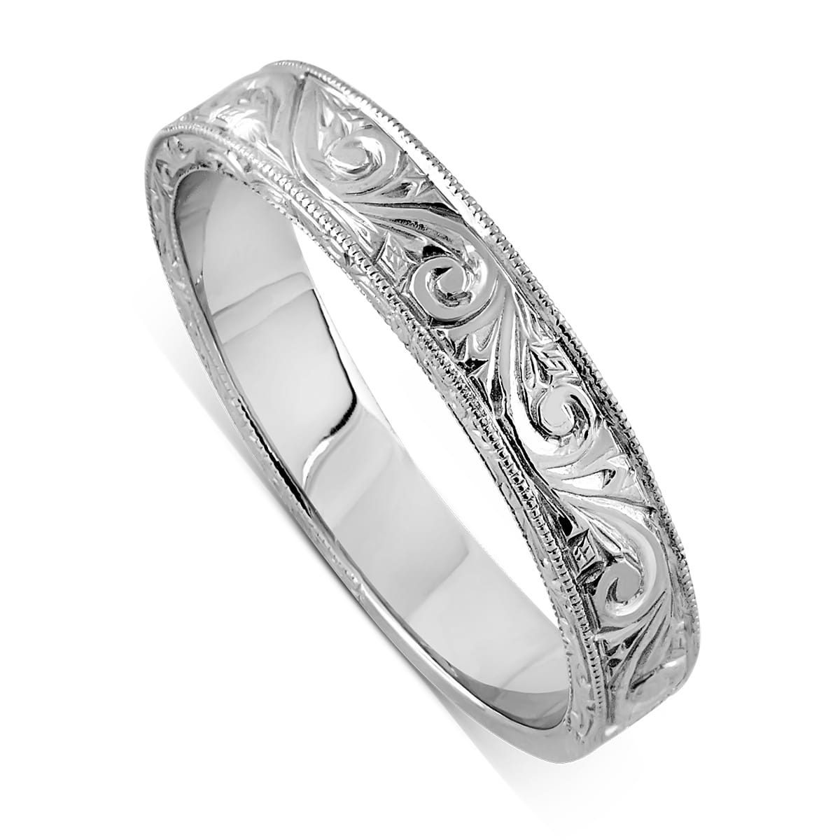 Engraved vintage men’s wedding band with scrollwork in white gold, perfect for groom