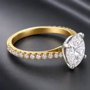Luxury engagement ring with a 3ct lab-grown diamond center stone, natural G-VS side diamonds, and a polished precious metal setting.