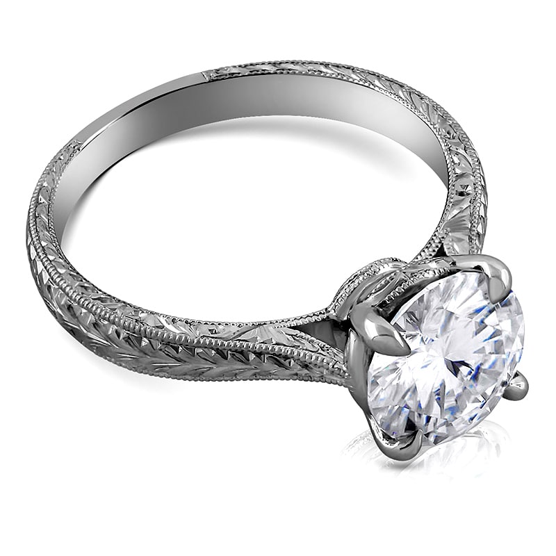 Vintage hand-engraved solitaire engagement ring in 14K white gold with 2ct lab-grown diamond, cathedral setting, and milgrain detailing.