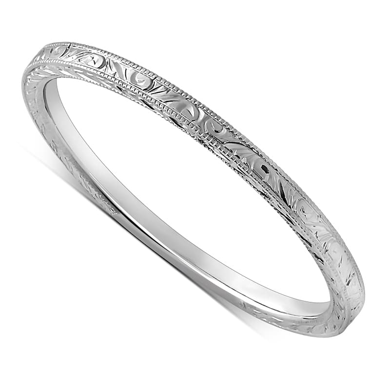 14K white gold ultra thin antique-style band with hand-engraved scroll and wheat patterns, milgrain edges, and a 1.2mm delicate profile.
