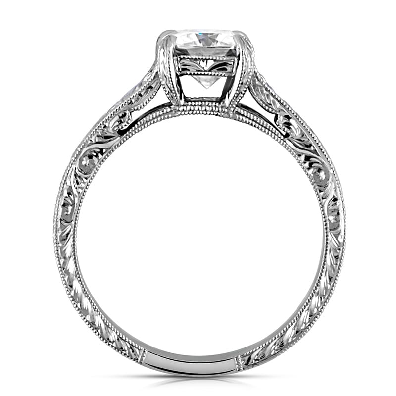 Hand-engraved antique-style engagement ring with intricate vintage scrollwork by OroSpot, crafted in white gold.