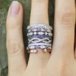 Stackable wedding bands in mixed gold colors with diamonds and vintage hand engraving by OroSpot