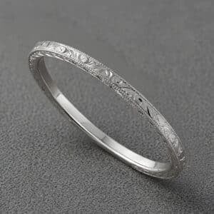 antique hand engraved ultra thin band 1.2mm floral scroll wheat pattern milgrain 14k white gold orospot