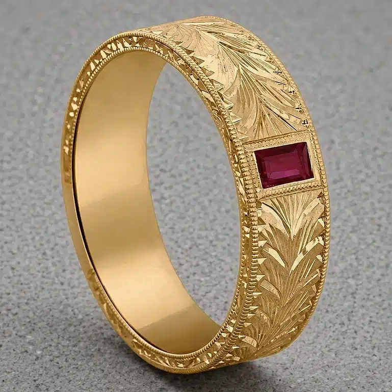 antique men’s wedding band with flush set baguette ruby and hand engraved gold band