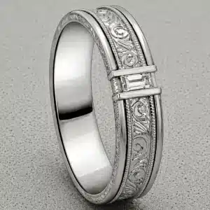 art deco mens diamond wedding ring with baguette diamond flush set in 18k white gold or platinum with hand engraving and milgrain by orospot