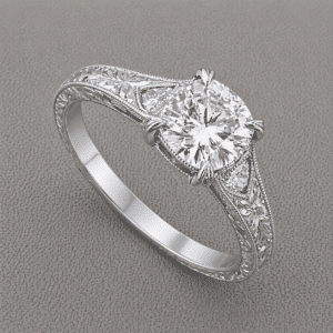 cushion cut diamond ring with trillion side stones antique style hand engraved band white gold orospot