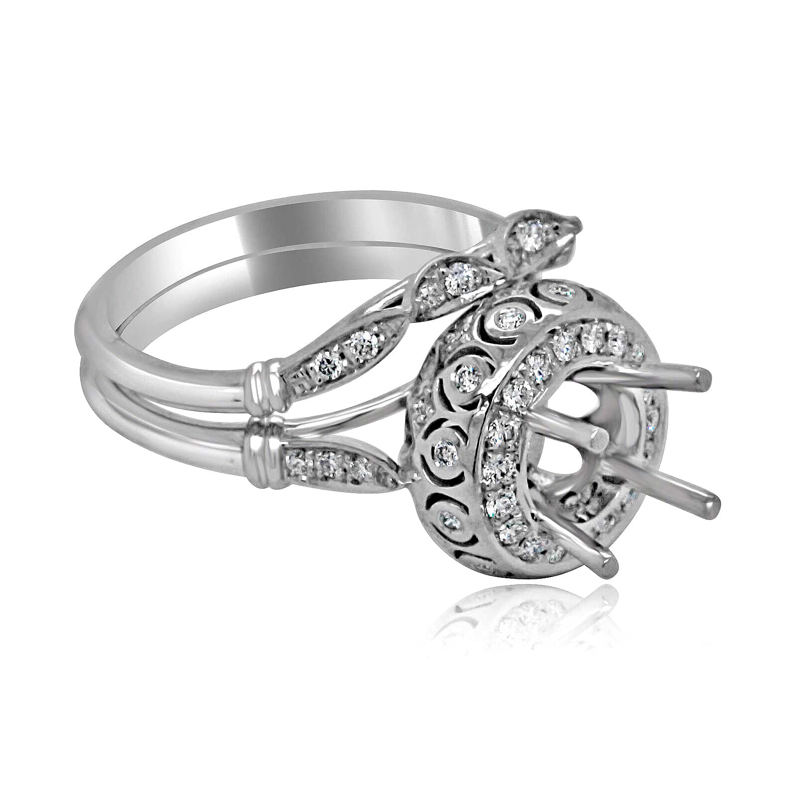 Vintage diamond engagement ring set with intricate hand engraving and matching wedding band, made in the USA.