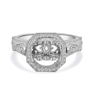 3ct vintage ring mounting with hand engraving, milgrain edges, and ornate diamond halo.