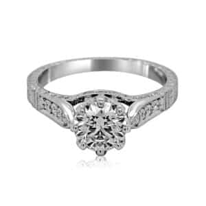 Eight-prong crown engagement ring with hand-carved band and diamond center, vintage-style in gold or platinum.