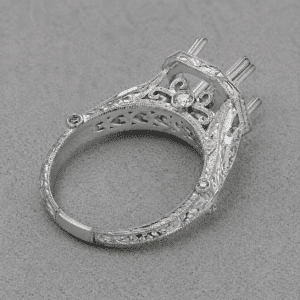 antique pave hexagon halo ring mounting with engraved band and pave diamonds