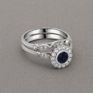 art deco blue sapphire engagement ring set round bezel halo diamond band vintage style 14k white gold orospot