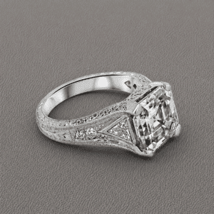 asscher cut diamond ring with 3ct center and trillion side stones pavé accents hand engraved art deco OroSpot