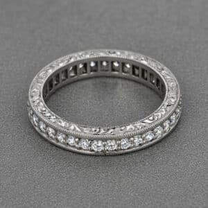engraved art deco diamond band antique style eternity ring pave diamonds milgrain edges orospot