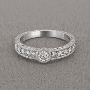 hand engraved bezel diamond ring low profile lab diamond pavé shoulders antique style OroSpot