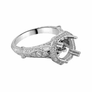 Vintage octagon halo engagement ring setting with hand engraving and pavé diamonds.